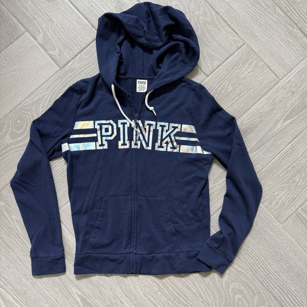 Pink Victorias Secret Navy Blue Full Zip Jacket Womens Size Small